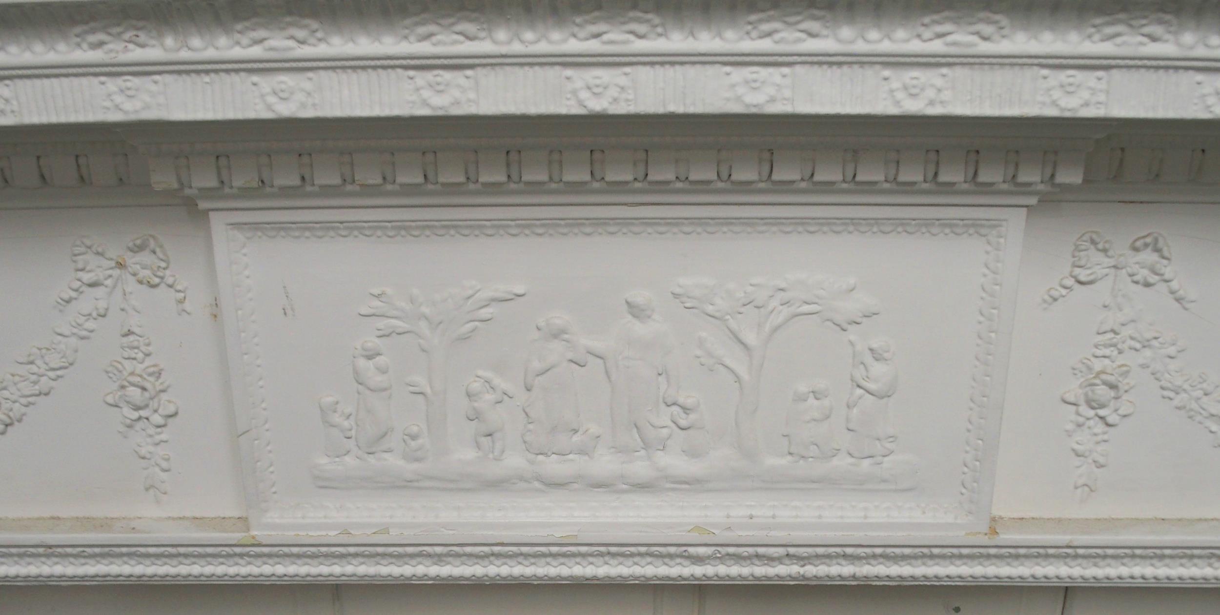 A 19th century pine and plaster whited painted fire surround with cast central relief depicting - Image 3 of 4