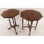 A Victorian mahogany octagonal topped table on turned stretchered supports and another mahogany