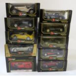 A collection of ten boxed Burago 1:18 scale model cars, including a Mercedes-Benz SSK (1928),