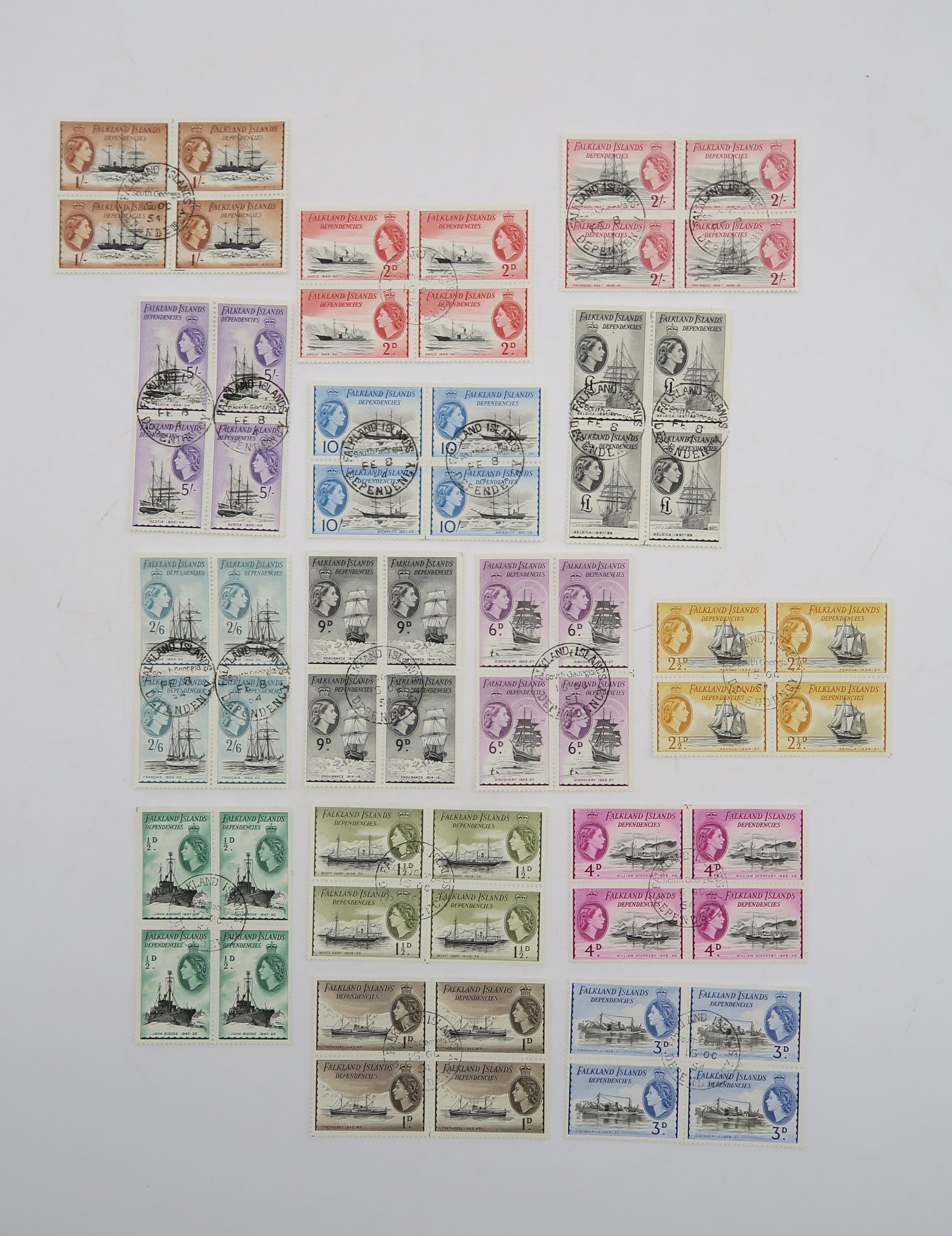 STAMPS A rare used block of four 1954 Falkland Island Dependencies sets Condition Report:Available