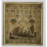 A needlework sampler mounted on board, date indistinct  Condition Report:Available upon request