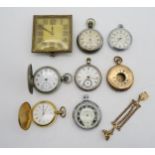 A collection of timepieces, comprising a Swiss travel clock, various pocket watches, to include