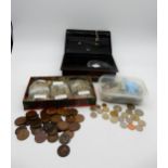 COINS, a lot comprising various pre decimal and out of circulation decimal coins and a money box