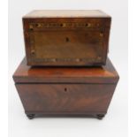 An attractive Tunbridge ware walnut and sample-wood inlaid tea caddy, together with a another