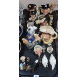 A collection of Royal Doulton character jugs, an Old Salt teapot, a Nao girl and other items