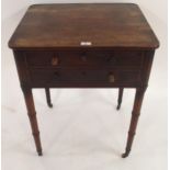 A Victorian mahogany writing desk with hinged top on turned tapering supports terminating in brass