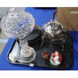 A cut crystal lamp, a EPNS spirit kettle on stand, Doulton figure etc Condition Report:Not available