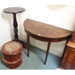 A Victorian mahogany demi lune hall table, stained mahogany plant pedestal and a mahogany commode (