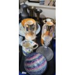 A pair of continental two handled vases, Indian brass vases, pewter tappit hen and other items