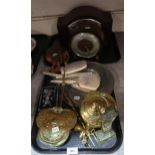 Iona green marble cross, brass bedwarmer, two mantle clocks and other items Condition Report:Not