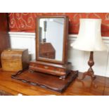 A Victorian mahogany and giltwood framed three drawer toilet mirror, mahogany dome fronted box,