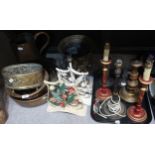 Assorted brass and copper including jug, planters, wrought metal lamps and assorted others Condition
