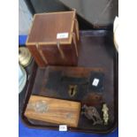An antique lock, two wooden boxes, door knockers Condition Report:Not available for this lot.