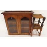 A Victorian mahogany glazed two door bookcase top and two beech framed strung stools (3) Condition