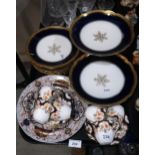 A Limoges dessert service, the white ground with royal blue and gilt decoration, a Spode plate and a