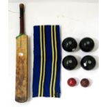 Assorted sporting items, comprising a set of four Thomas Taylor size 4 Lignoid bowls, Slazenger