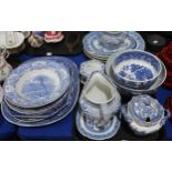 A collection of blue and white transfer printed pottery including Midwinter, Furnivals,