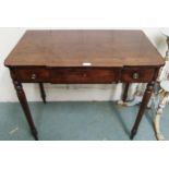 A Victorian mahogany three drawer hall table on turned supports, 77cm high x 92cm wide x 54cm deep