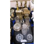 Assorted glassware, brass candlesticks, clocks etc Condition Report:Not available for this lot.