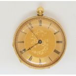 An 18ct gold open face fob watch with gold dial. Diameter 3.8cm, weight 35.4gms Condition Report: