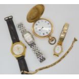 A gold plated Avia retro watch together with a gold plated full hunter pocket watch and other