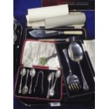 A collection of silver and EPNS including a set of silver tea spoons and sugar tongs, with