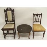 A Victorian carved barley twist hall chair, an Edwardian parlour chair and a brass topped Moorish