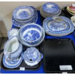 A collection of blue and white transfer printed pottery including Midwinter, Furnivals, Burleighware