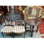 A Victorian stained oak octagonal topped window table, pair of shield back dining chairs, two