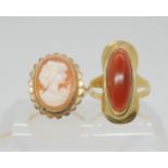 A 9ct gold cameo ring, size k, together with a retro carnelian ring in German 8ct gold, weight