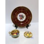 A Royal Worcester saucer painted with a Oriental Pheasant, signed Seagley, a Caverswall flower