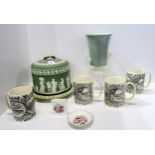 A Wedgwood green jasper cheese bell and stand, together with four Wedgwood commemorative mugs, a