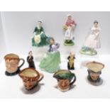 Four Royal Doulton figures including La Sylphide and Market day, two Dickens characters and four