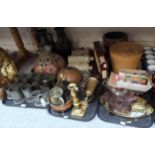 Assorted pewter tankards, copper warming pan, stone pigs, stained onyx eggs etc Condition Report:Not