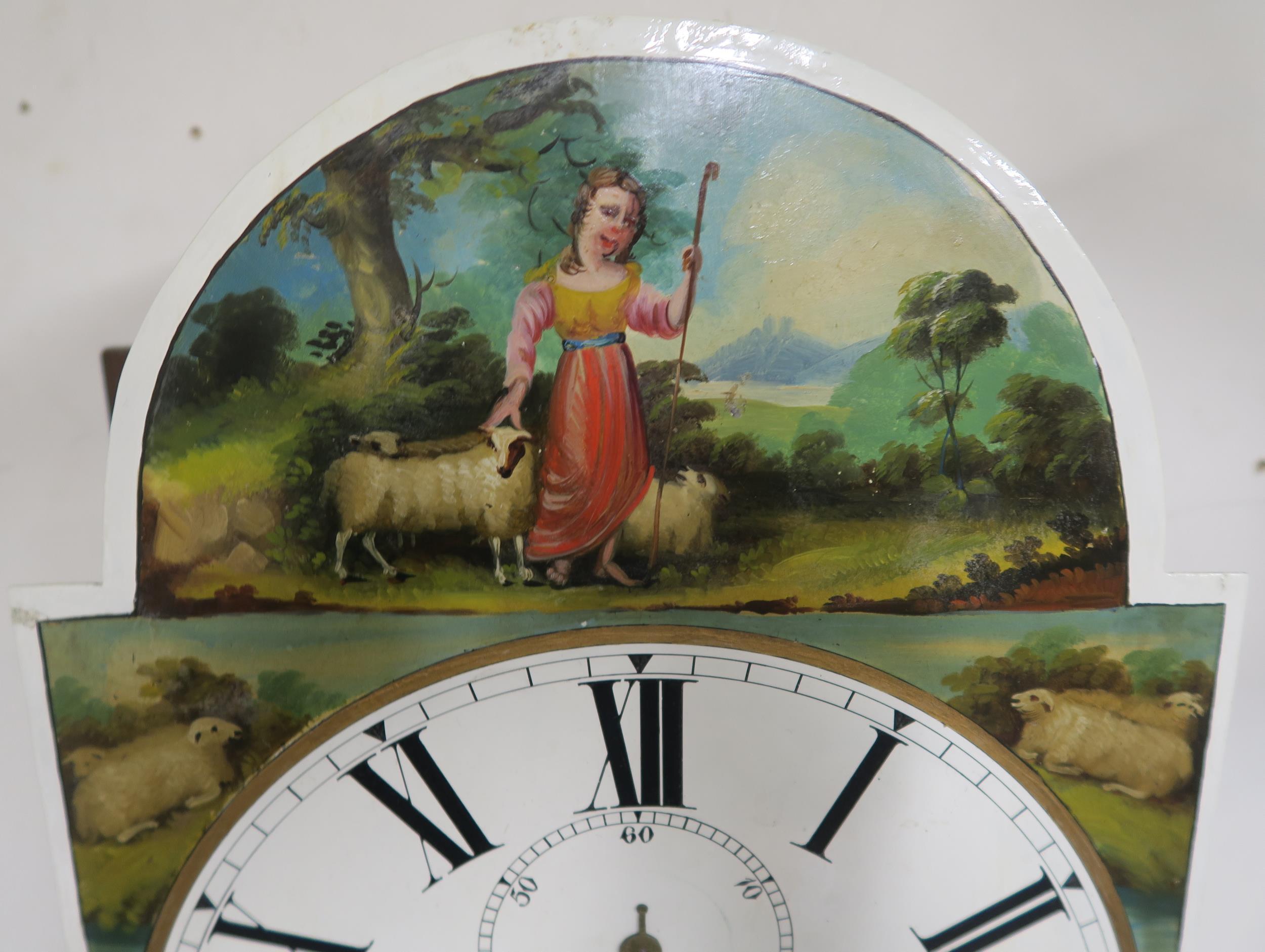 A 19th century oak cased Couldwell Deep-Coull grandfather clock with painted face depicting - Image 7 of 11