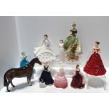 Seven Royal Doulton figures, an Italian figure and a Beswick figure of a horse Condition Report: