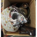 A boxed lot to include opaque glass ceiling shade, wood plane, copperwares etc Condition Report: