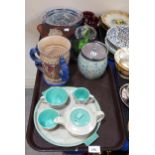 Assorted art glass including Whitefriars dishes, a Charlotte Rhead three handles vase, a Poole