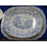 Four blue and white transfer printed platters in patterns Syria, Triumphal Car and two in Parma