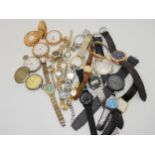 A collection of fashion watches, two gold plated pocket watches, a white metal example etc Condition