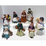 Eight assorted Royal Doulton figures including Sweet Dreams, Nanny, Old Mother Hubbard, Teatime,