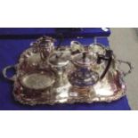 A collection of EPNS including a three piece tea service, a rollover breakfast dish, coffee and