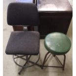 A 20th century adjustable machinists stool with upholstered back and seat and another machinists