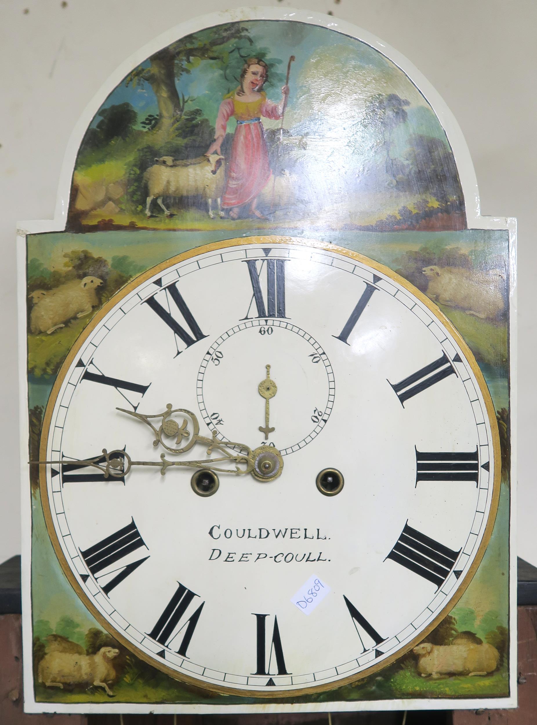 A 19th century oak cased Couldwell Deep-Coull grandfather clock with painted face depicting - Image 6 of 11