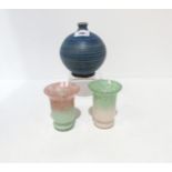 Two Vasart glass vases, one with mica, the aventurine together with an art pottery bulbous form