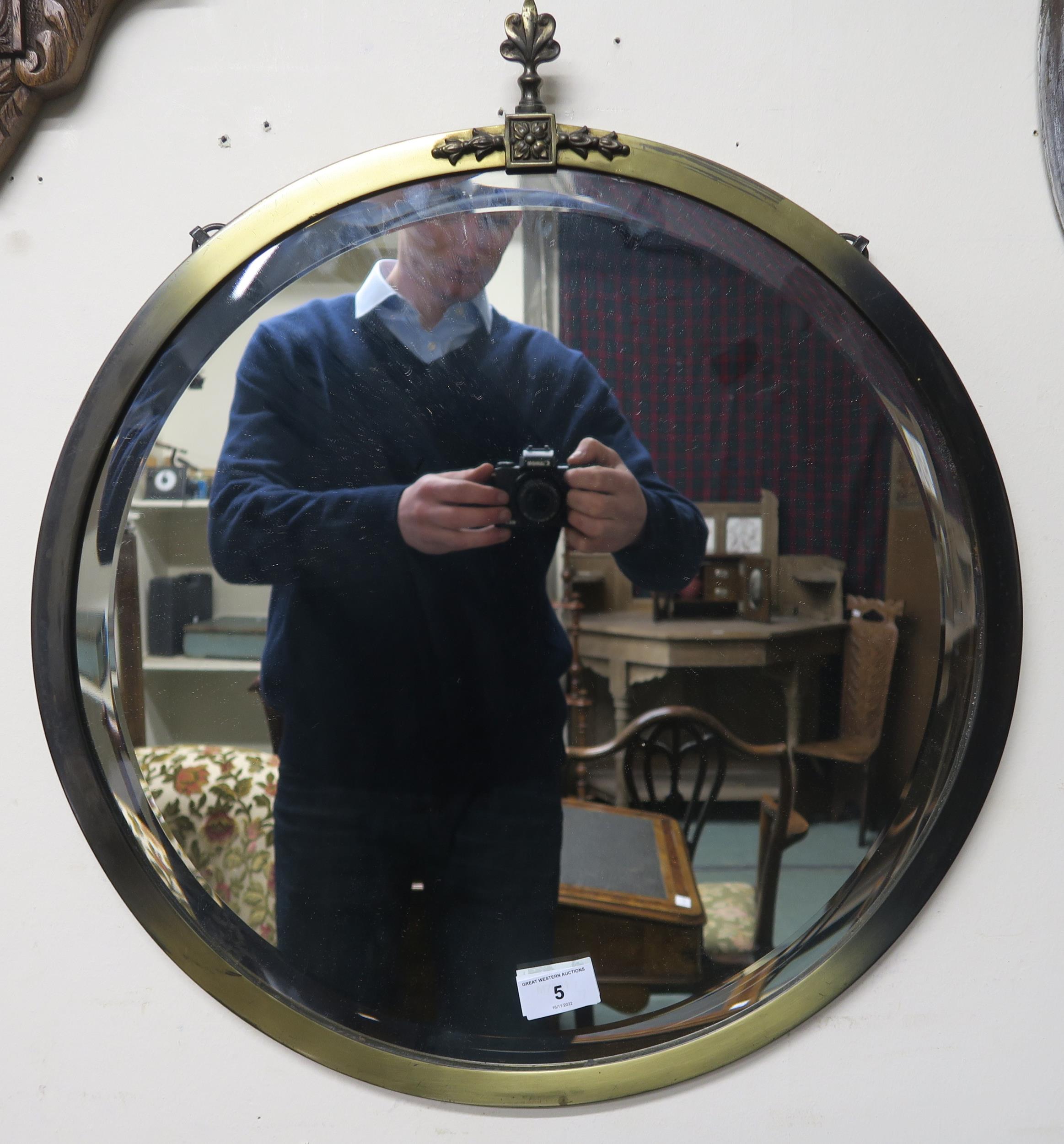 A 20th century carved oak barometer/thermometer and brass framed circular wall mirror (2) - Image 3 of 8