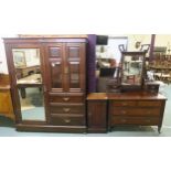 A Victorian mahogany three piece bedroom suite comprising mirror door compactum wardrobe, 178cm high