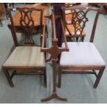 A 18th century mahogany scroll back dining chair on square chamfered supports, another 18th
