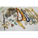 A collection of vintage beads, watches, a micro mosaic pendant and coins Condition Report:Not