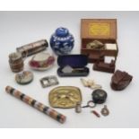 A good mixed lot, to include a leather-cased compass by Barker's, Chester silver miniature chocolate